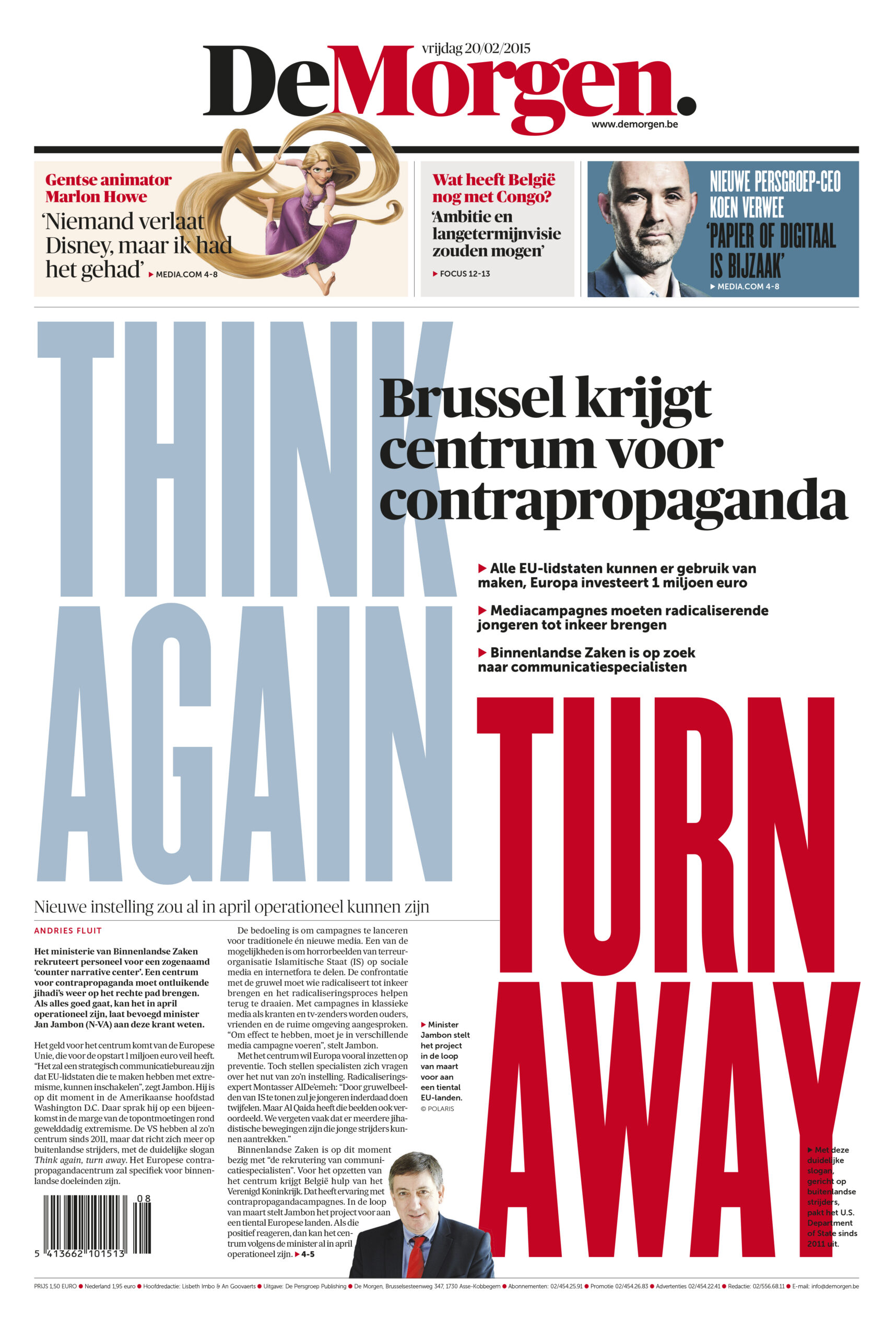 Frontpage of De Morgen 2016