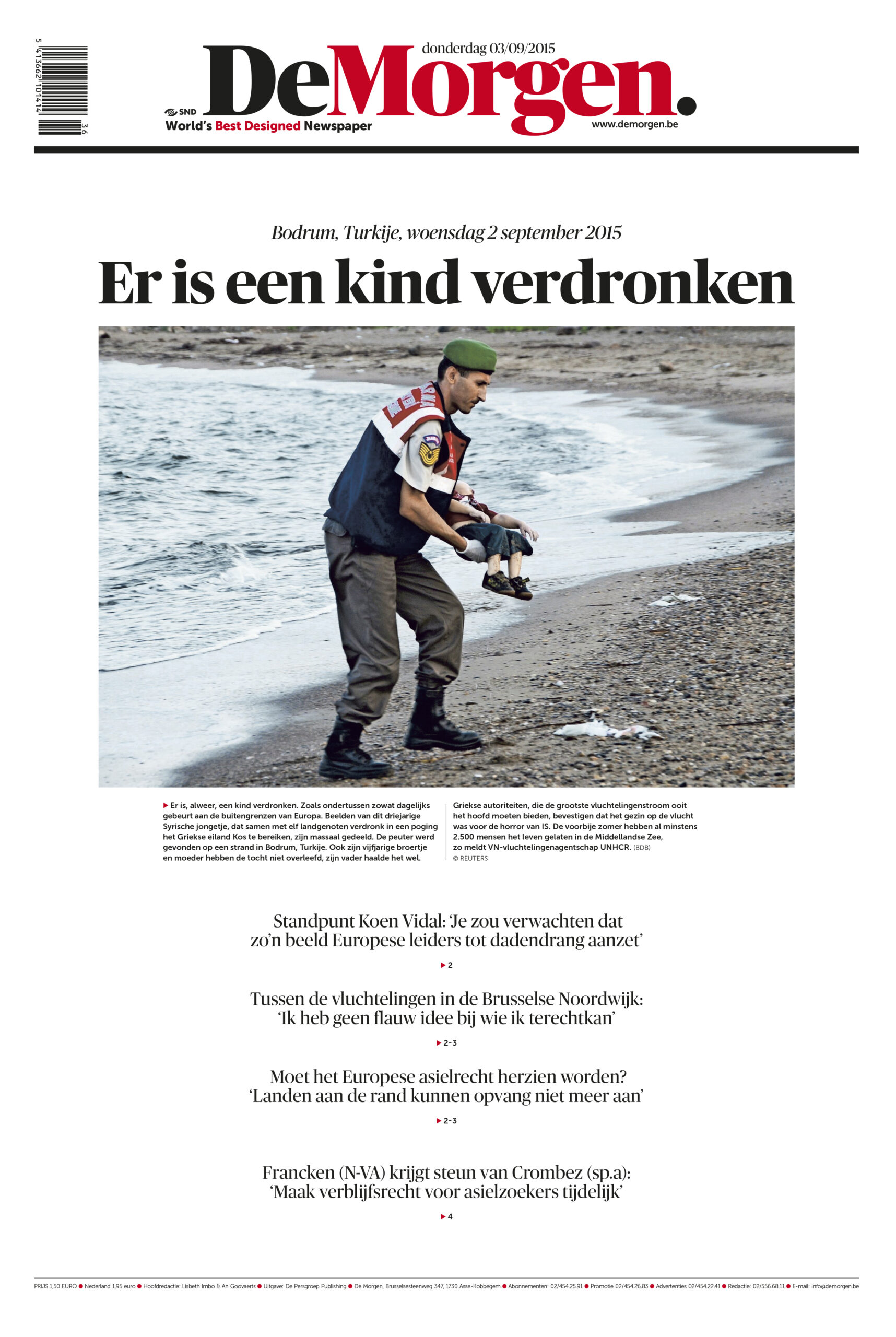 Frontpage of De Morgen 2016